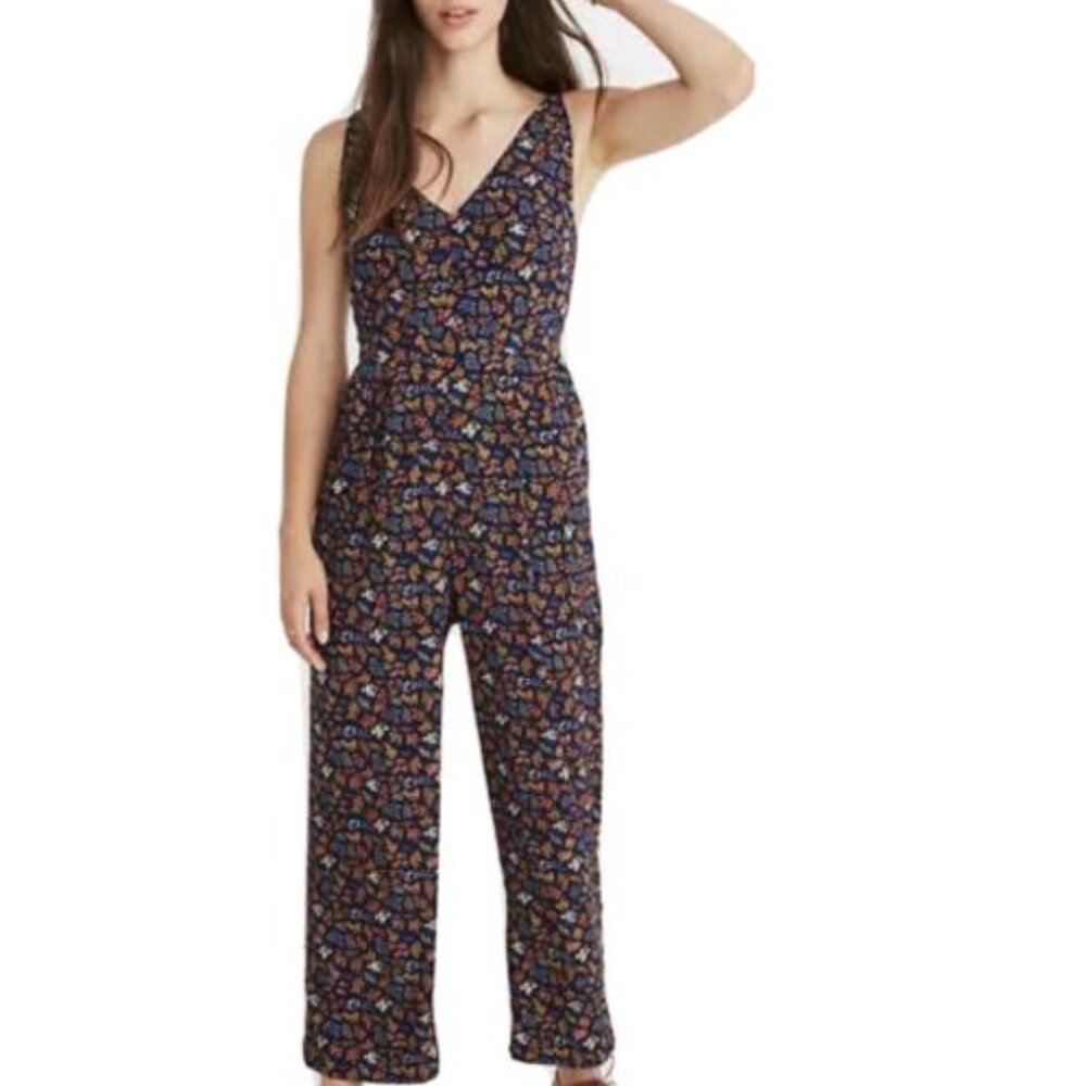 Madewell womens navy floral jumpsuit 6 strappy pockets cropped lightweight boho